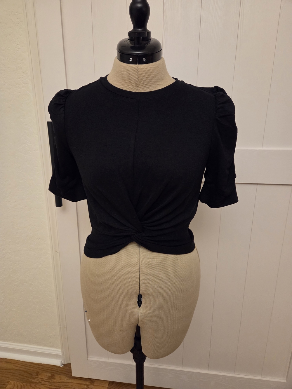 Walter Baker Black Twist-Front Puff Sleeve Tee